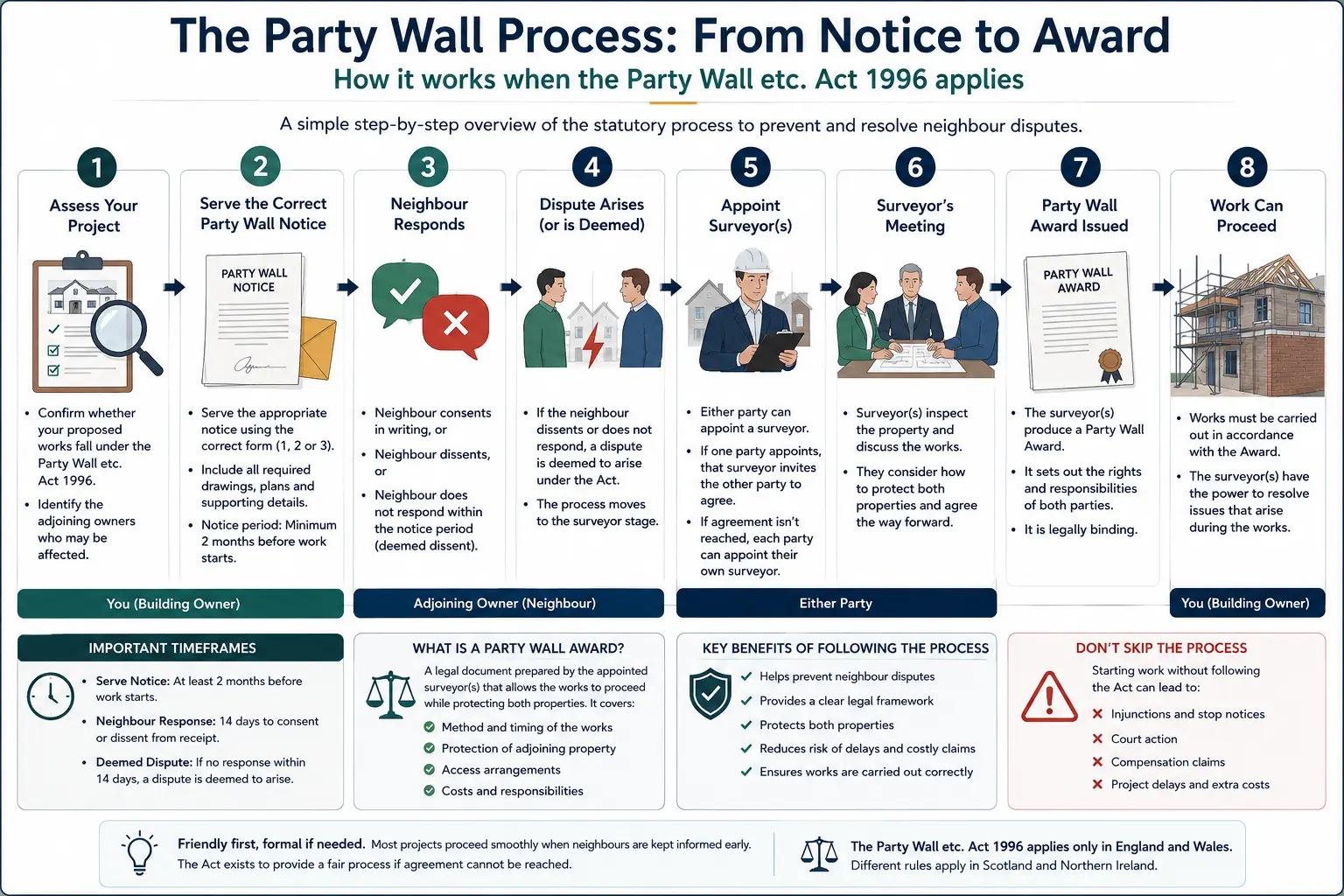 Do I Need a Party Wall Agreement? An infographic showing the party wall process from notice to award in a very interactive way for the citizens living in Wimbledon, UK