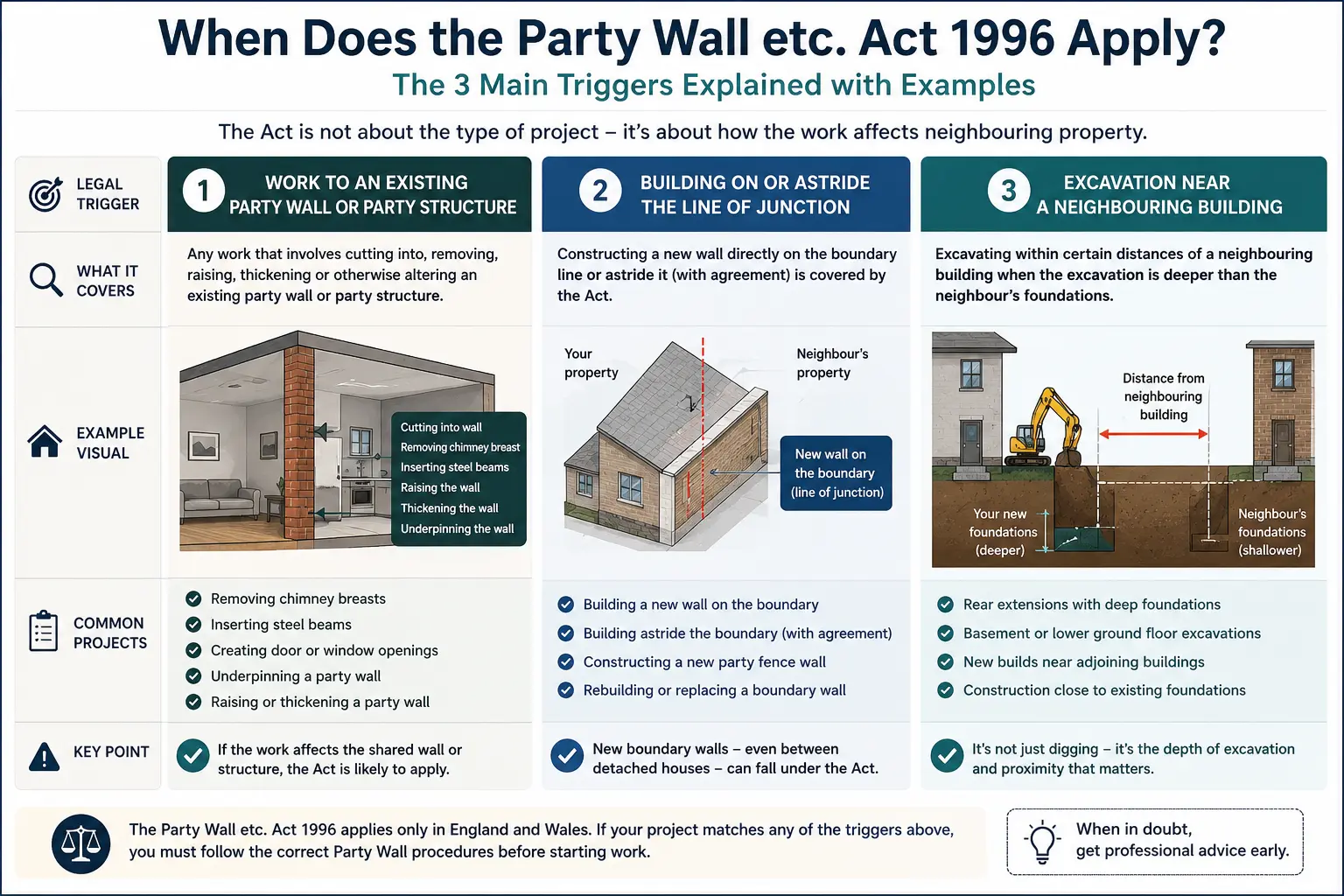 Do I Need a Party Wall Agreement? An infographic showing when does the party wall etc act 1996 apply like excavation, junction, painting, in Wimbledon, UK